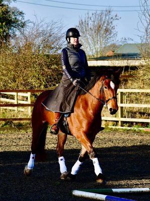 Customer wearing her Moorland extra riding skirt while trotting in a sand school on her bay horse.