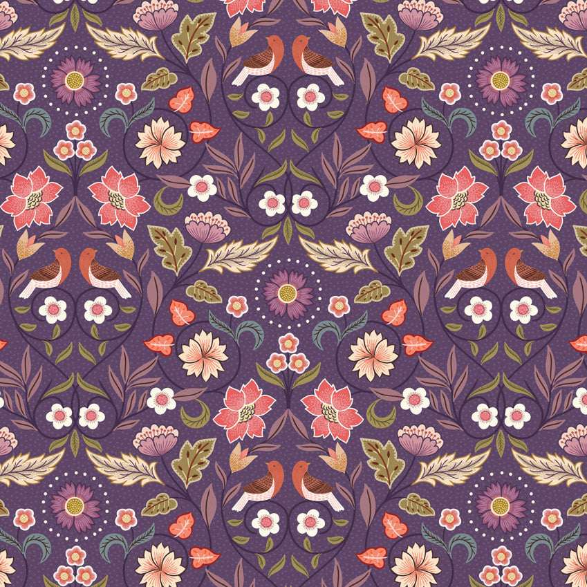 Purple floral design fabirc with hidden Robins, in a Arts and Crafts style design.