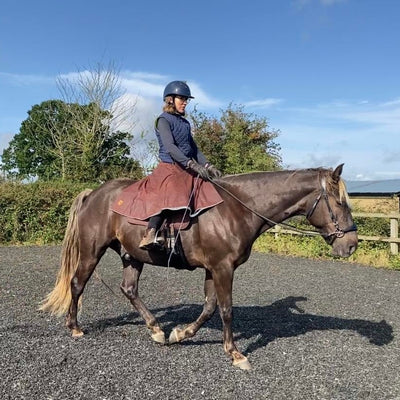 Customer wearing her Original Moorland riding habit on her liver chestnut horse walking on a loose rein in a sand school.