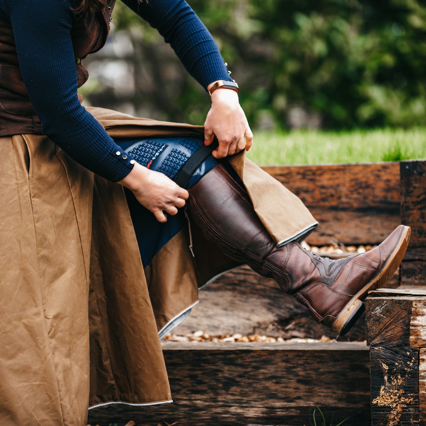 close up of a leg strap being altered in our waterproof hand crafted habits.