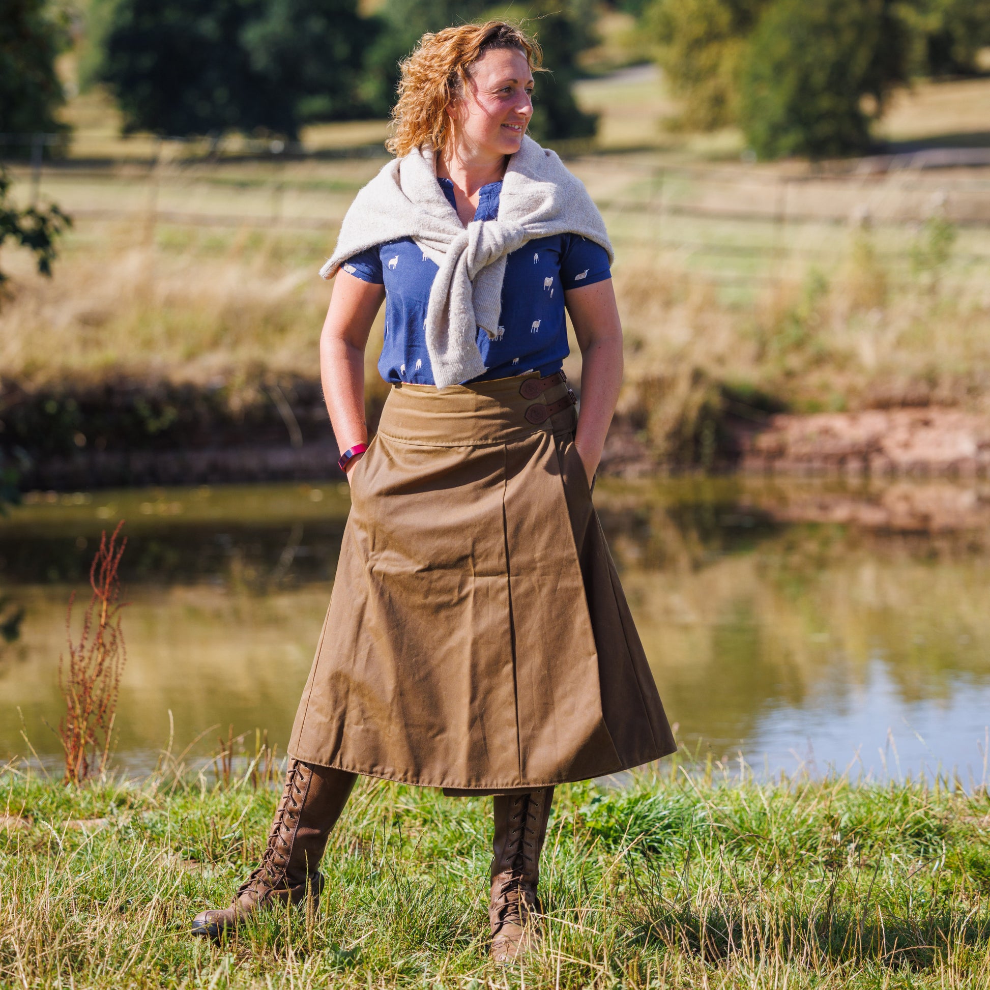 Odette founder, wearing her own made waxed cotton walking skirt.