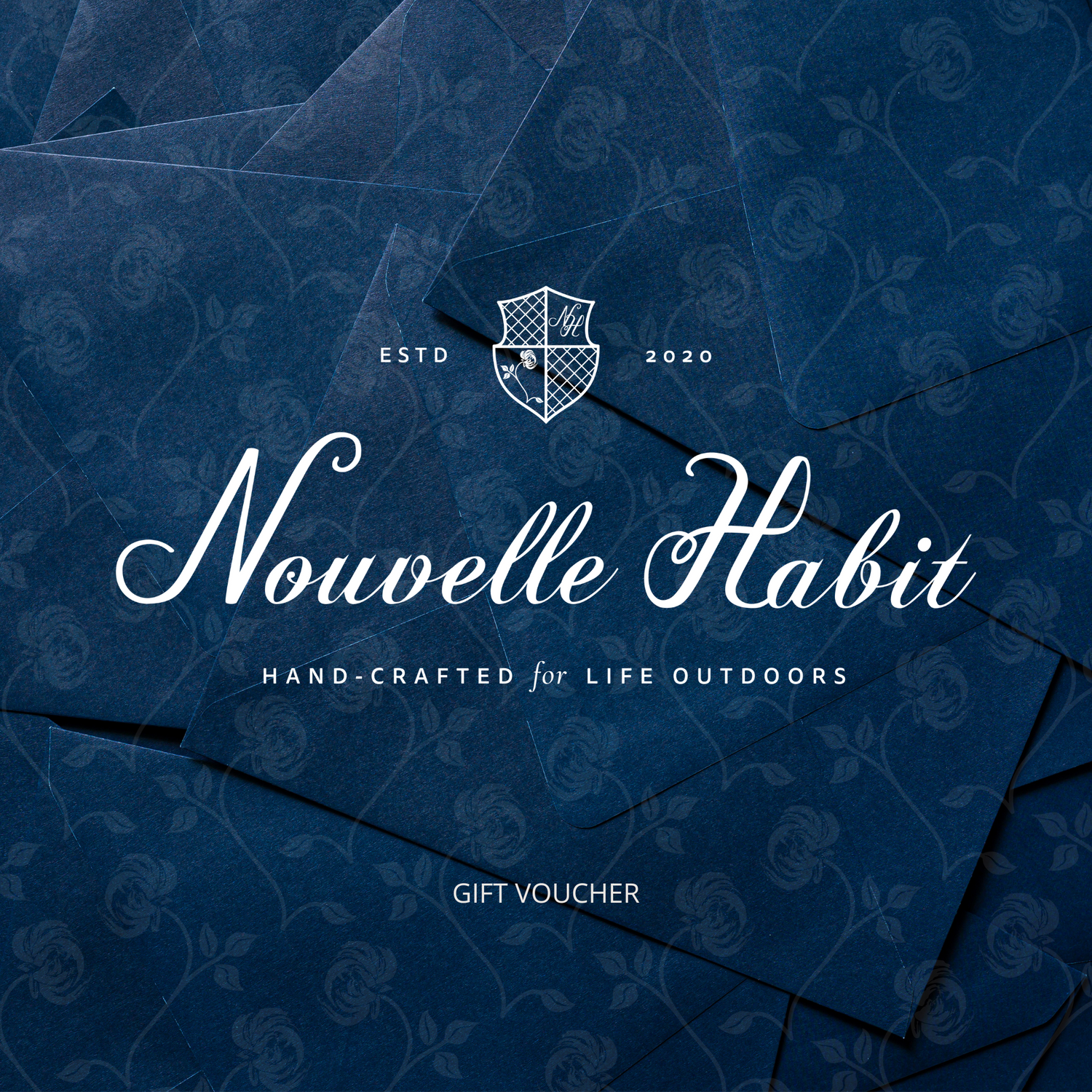 Blue envelopes scattered with a rose pattern over them and the Nouvelle Habit logo in white in the center.