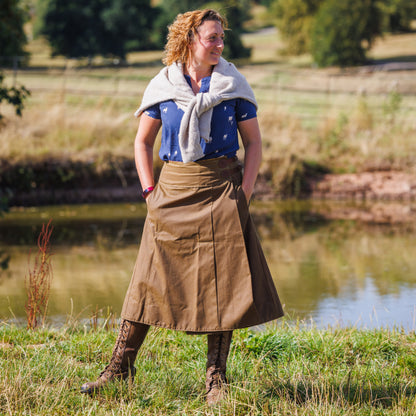 Odette founder, wearing her own made waxed cotton walking skirt.